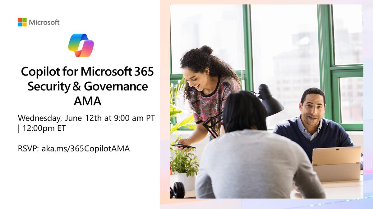 MSTCommunity's tweet image. Join our Copilot for Microsoft 365 Security and Governance AMA on June 12, 9-10 AM PST 
Discuss DLP, eDiscovery, Audit Logs, Data Residency, and more with our experts. RSVP now: msft.it/6017YWpoU

#Microsoft365 #Security #Governance #AMA