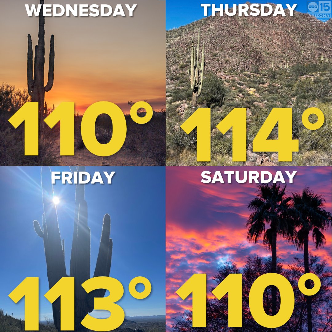 abc15's tweet photo. THE HEAT IS HERE 🥵: The first 110° days of the year are here and there are chances for record-breaking heat over the next several days. What you need to know: https://t.co/H0DWSD7jbC https://t.co/0S4UpJKcEH