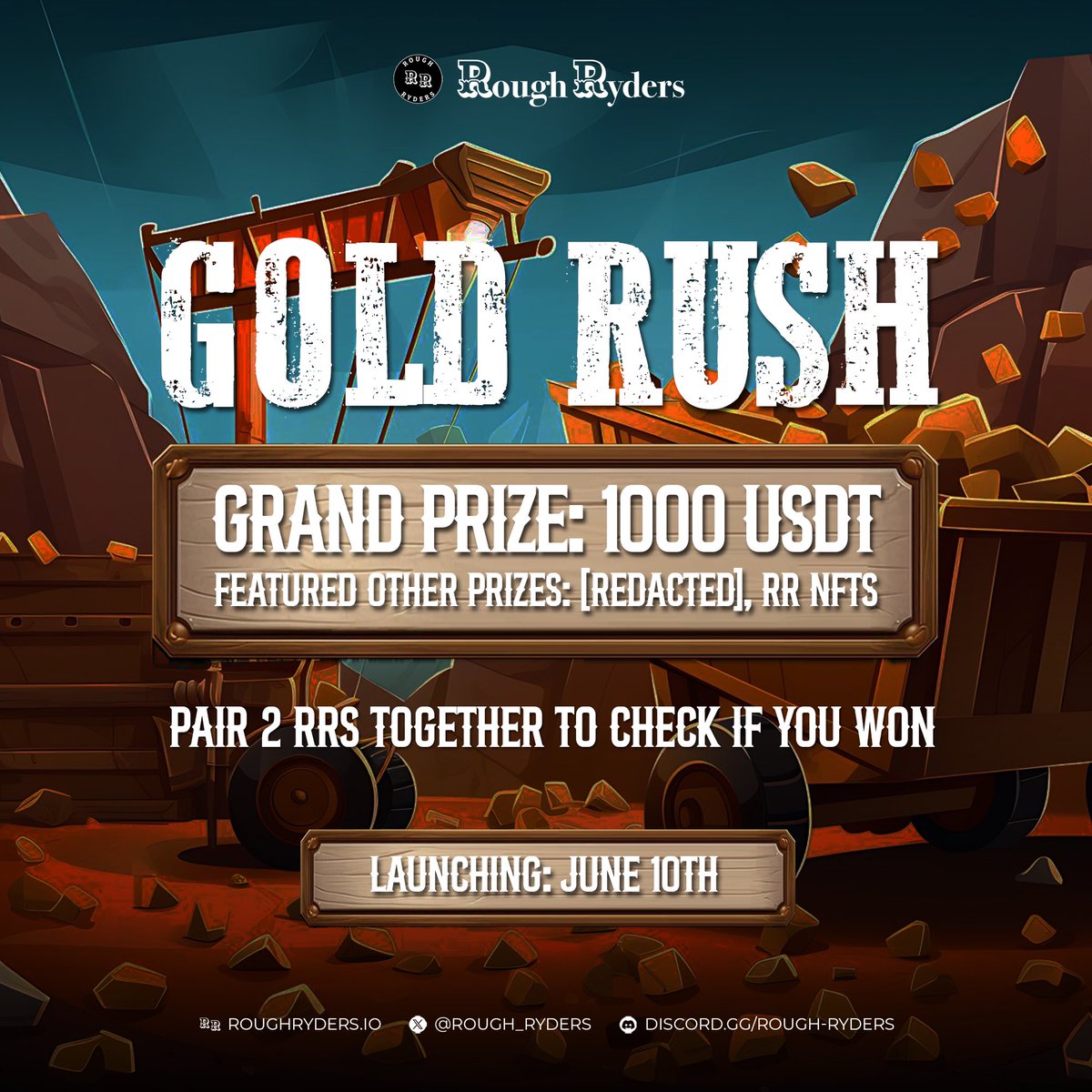 The GOLD RUSH is here!

Ready to win UP TO $1000? 🤑

How to join the fun:

🌟 Own or get @rough_ryders NFTs
🌟 Visit RoughRyders.io
🌟 Pair 2 RRs for a ticket
🌟 Instantly see if you’ve won $1000 USDT or one of 10 RRs!

More Unrevealed prizes to come! 👀

Gold Rush
