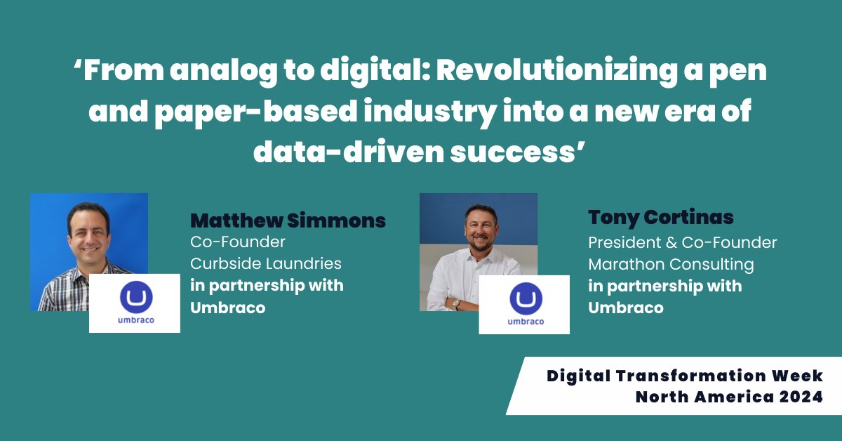 DigitalTWeek's tweet photo. Join us shortly from 10:20am - 10:55am as speakers in partnership with our diamond sponsors Umbraco take to the stage!
Discover how their collaborative partnership brought about an incredible digital transformation of the laundry industry.
#TechEx #DigitalTransformationWeek https://t.co/TOMuy0hRzc