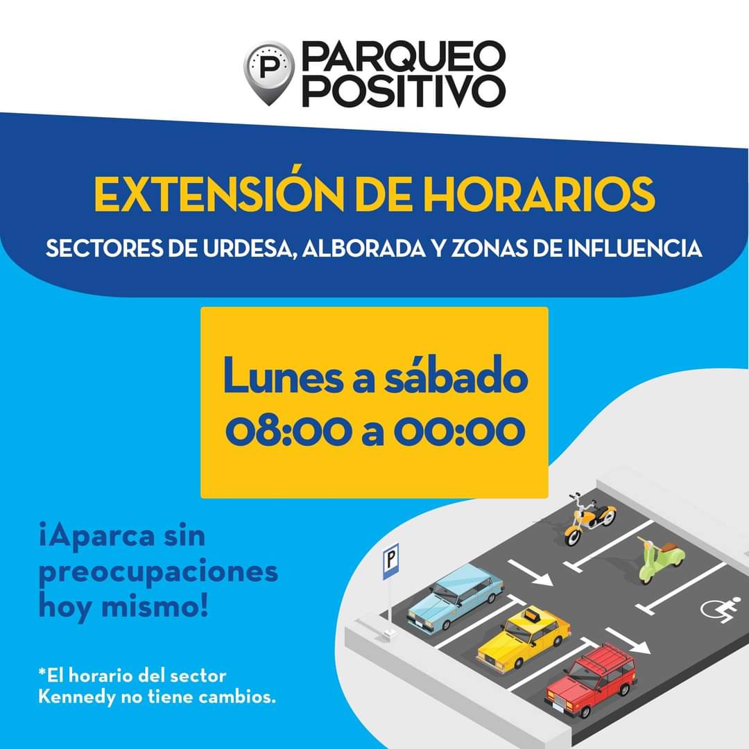 Recuerda nuestras nuevas zonas y horarios del servicio de parqueo tarifado en Guayaquil.

Parquea de manera fácil y evita sanciones.

#ParqueoPositivo
Una ciudad en orden, una ciudad en progreso.