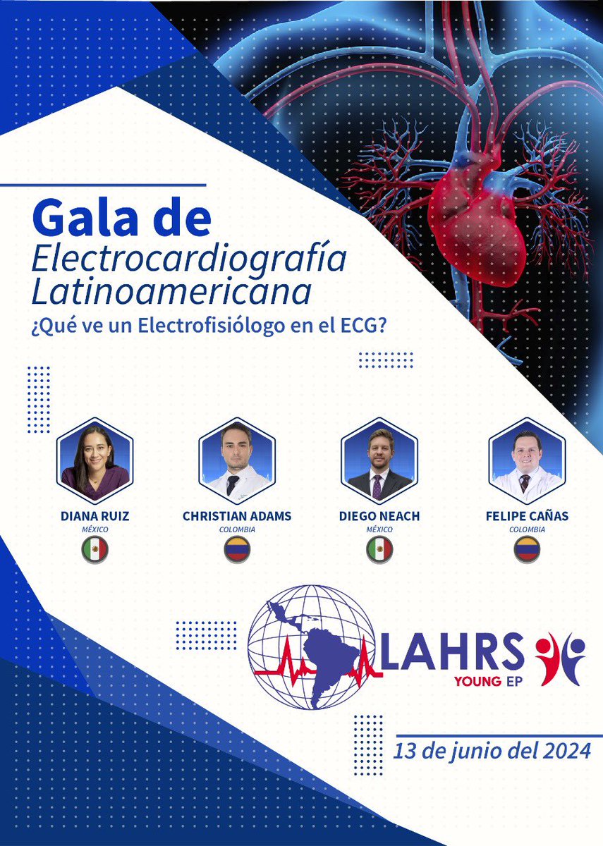 #WebinarLAHRS 
“Electrocardiografía en Latinoamérica “
Organizado por el capítulo #LAHRSyoungEP 
🗓️13 de Junio 
⌚️21 hs 🇺🇾🇦🇷🇧🇷
      18 hs 🇲🇽 🇬🇹
      19 hs 🇨🇴🇪🇨🇻🇪
Próximamente link inscripción