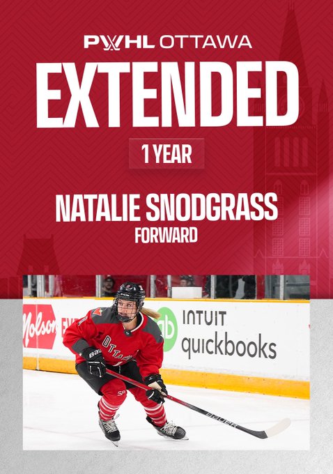 Graphic announcing the extension of forward Natalie Snodgrass. White text on a red background reads:
“EXTENDED
1 year; Natalie Snodgrass: Forward”
Below the text is a photo of Snodgrass in her red PWHL Ottawa home uniform.