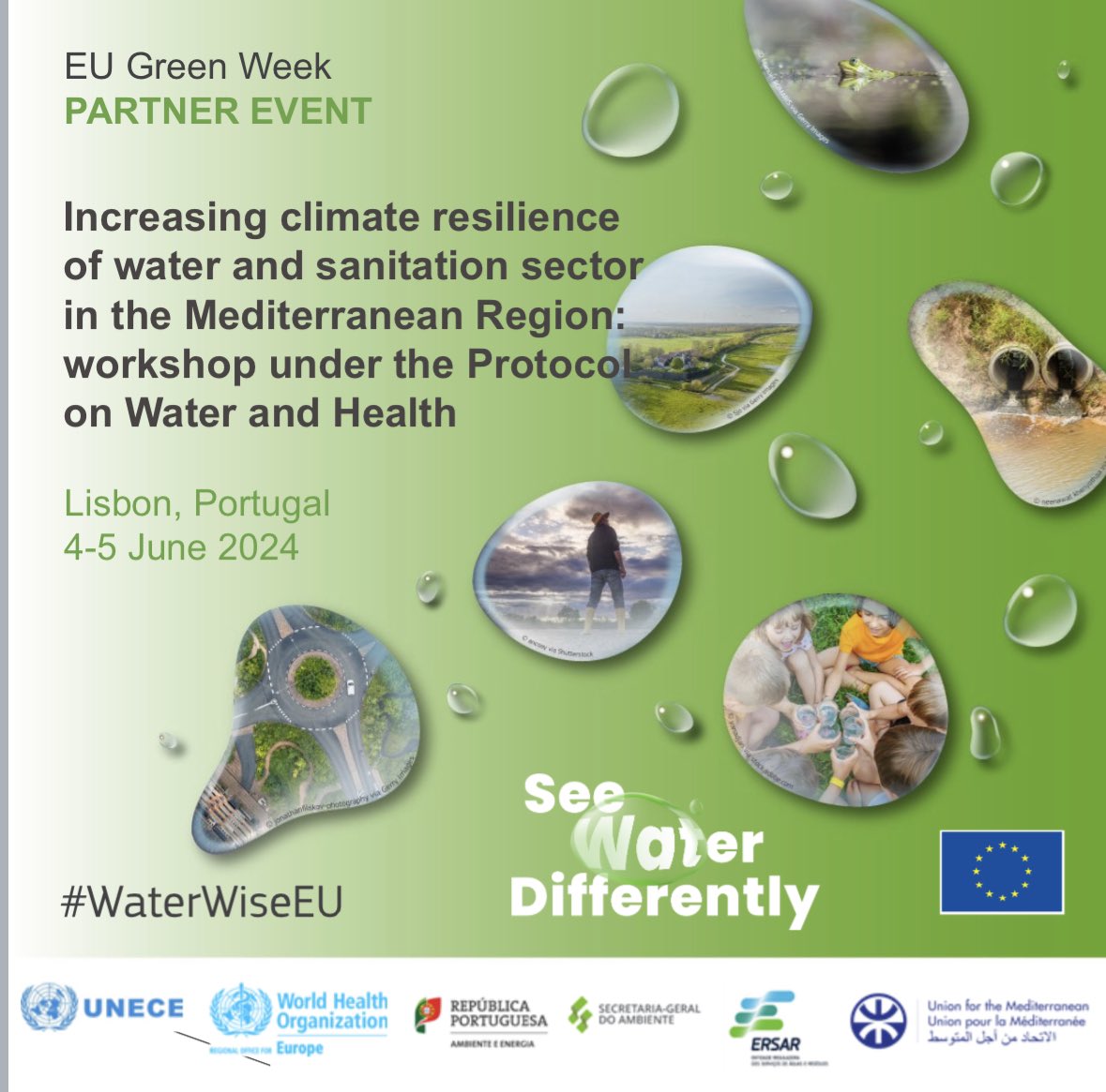 UNECE_Water's tweet photo. 10+ Mediterranean countries gather in Portugal 🇵🇹 to tackle #climate, #water & health challenges under @UNECE @WHO_Europe #ProtocolWaterHealth, in partnership with @UfMSecretariat #WaterWiseEU https://t.co/cTR2Gy2pDP