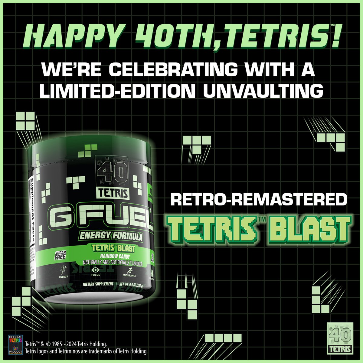 GFuelEnergy's tweet photo. 💚 𝗥𝗧 + 𝗙𝗢𝗟𝗟𝗢𝗪 to win a Rainbow Candy #Tetris x #GFUEL "𝗧𝗘𝗧𝗥𝗜𝗦 𝗕𝗟𝗔𝗦𝗧" Energy Tub!

🧩 2 Winners picked on Friday in honor of @Tetris_Official's 40th Anniversary!

🛒 𝗚𝗘𝗧 𝗬𝗢𝗨𝗥𝗦: https://t.co/pr4d54uCmt https://t.co/O5spMCSSYd