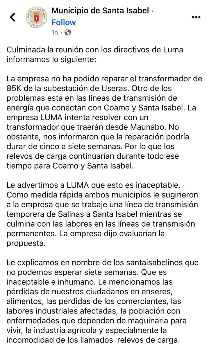 ValeriaCollazoC's tweet image. Tras reunión con directivos de LUMA, el municipio de Santa Isabel informa que la empresa podría tardar de 5 a 7 SEMANAS en completar las reparaciones que mantienen a ese pueblo, Coamo y partes de Aibonito con interrupciones en el servicio eléctrico.