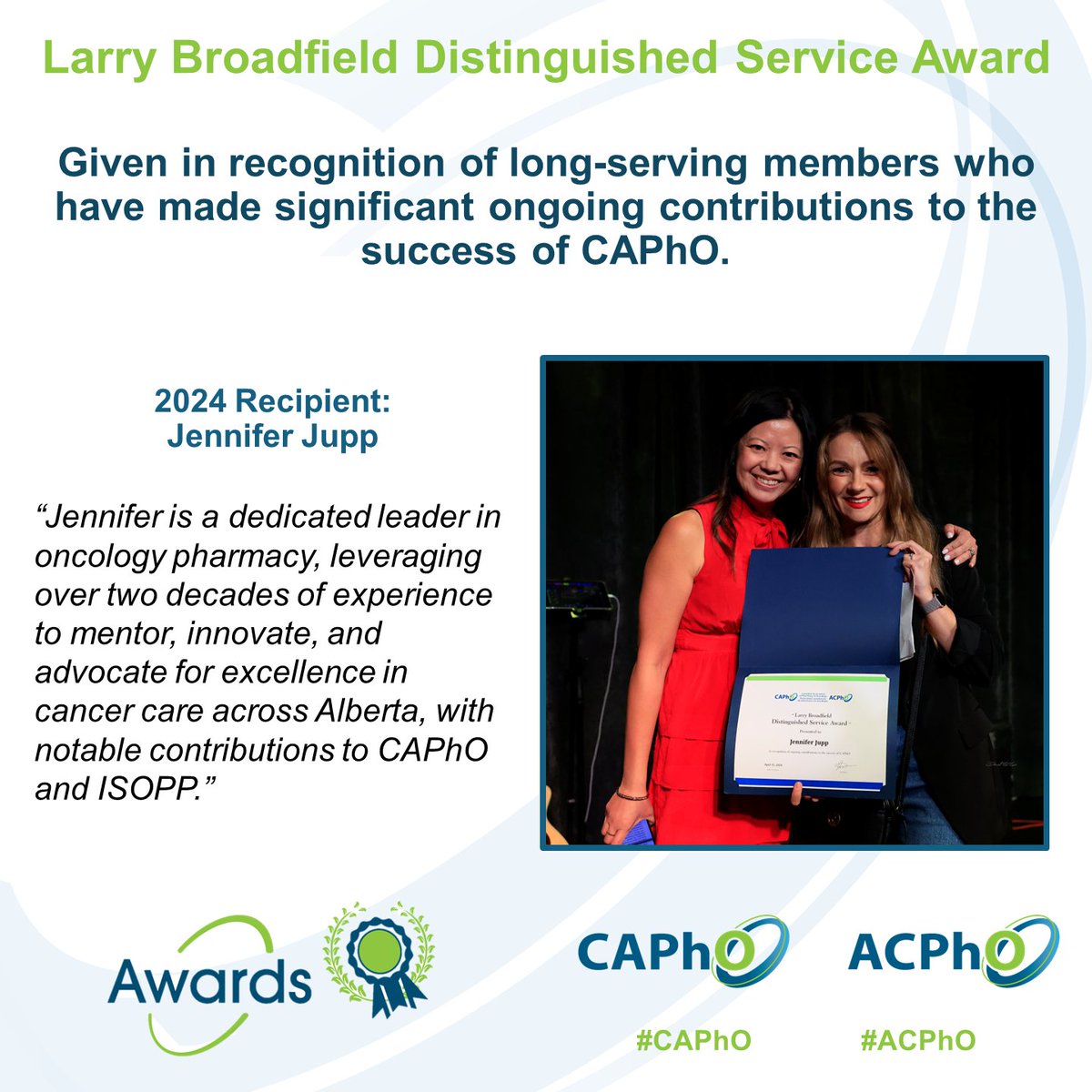 CAPhO_ACPhO's tweet photo. In recognition of outstanding contributions made by CAPhO members within the oncology pharmacy community, we congratulate CAPhO’s 2024 Larry Broadfield Distinguished Service Award recipient Jennifer Jupp. https://t.co/NHK73tRcjB