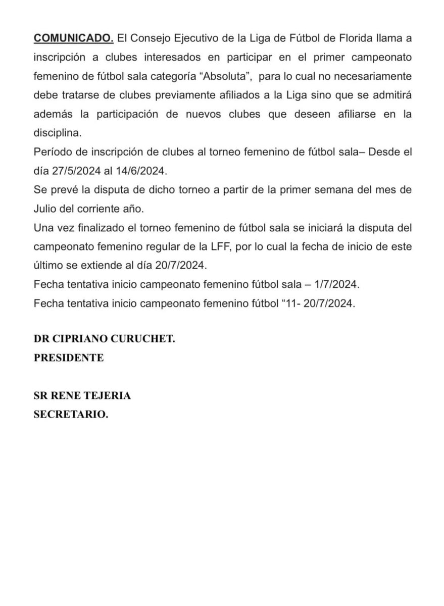 Llamado de la Liga de fútbol de Florida a clubes que deseen participar de Fútbol de Salón Femenino