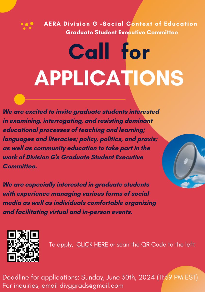 AERADivG's tweet photo. We are accepting applications to join the Graduate Division G Executive Committee. #divg #graduateleadership https://t.co/YhFEMGskmU