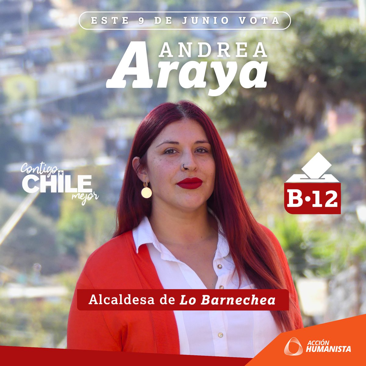 AHumanistaCL's tweet photo. 🗳️ Este 9 de junio, si vives en Lo Barnechea, vota por nuestra candidata en estas primarias, vota por Andrea Araya del pacto #ContigoChileMejor. Construyamos juntas y juntas la comuna del futuro que queremos, con un municipio más cercano y humano. ¡Vota por Andrea Araya! https://t.co/yykRT8YRlM