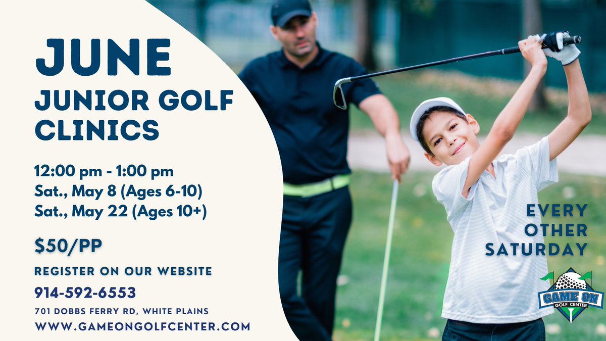 gameongolfctr's tweet photo. Our June Junior Golf Clinics are filling up!
Visit our website for availability.
For more information email lessons@gameonmail.com

#GameOnGolfCenter #GOGC #WestchesterGolf  #GolfClinics #JuniorGolf #WestchesterBiz https://t.co/R5tefNoMFW