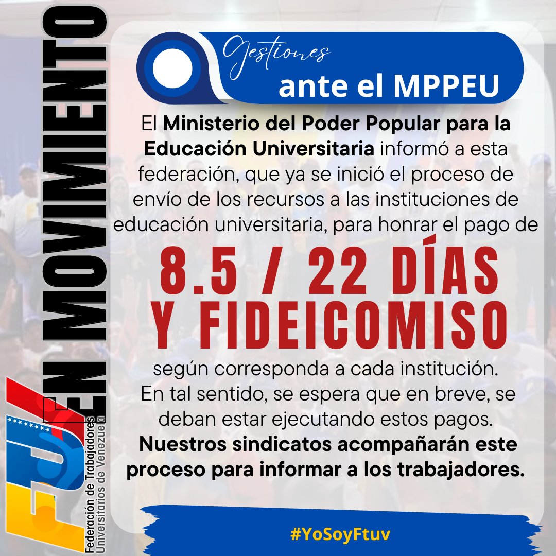 FtuvOficialVe's tweet photo. Y están ingresando los recursos a las instituciones de educación universitaria, para el pago del 8.5 / 22 días y fideicomiso, según corresponda.

#YoSoyFtuv https://t.co/RjVqLEu3LV