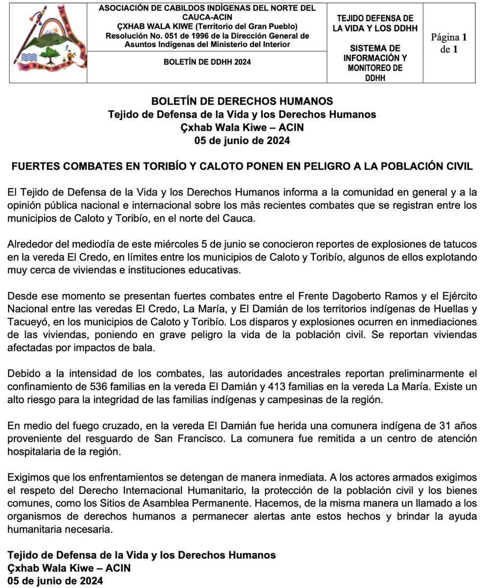 FUERTES COMBATES EN TORIBÍO Y CALOTO PONEN EN PELIGRO A LA POBLACIÓN CIVIL.
Informamos y denunciamos los más recientes hechos  que vulneran a las comunidades de la vereda El Credo, en límites entre los municipios de Caloto y Toribio.
