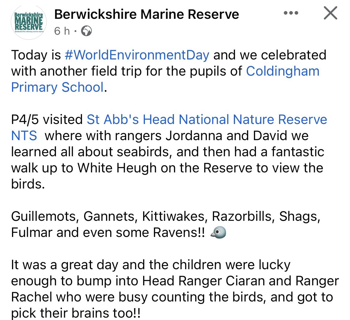 ColdinghamPrim's tweet photo. A huge thank you to Lauren, Jordanna and David for giving our children an excellent day of learning about Scotland’s native seabirds, whilst out at St. Abb’s Head National Nature Reserve today. #outdoorlearning @BerwickshireMR https://t.co/UBTRV4GNmY