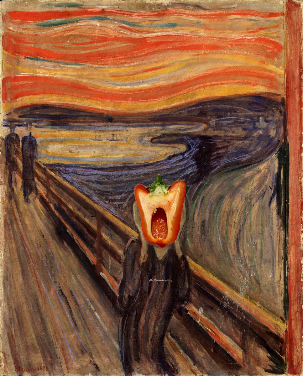 VicHdezDesign's tweet photo. Adaptación: El Grito (Pimiento Rojo sobre pintura) 2024.
Original: The Scream by Edvard Munch, 1893. https://t.co/hVljBuQt6H
