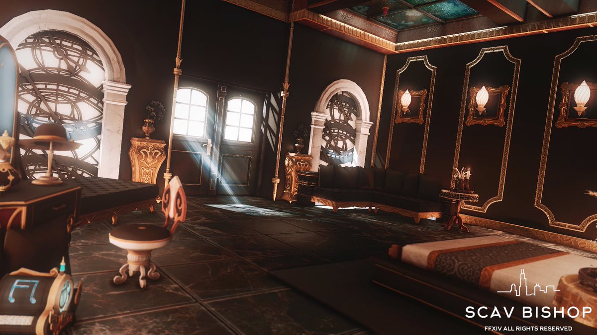 A regal Goth design in black &amp; gold. Thank you @MeltieFFXIV for having me to decorate your house! 

#FFXIVHousing #FinalFantasyXIV  #ff14 #ff14ハウジング #FFXIV #HousingEden