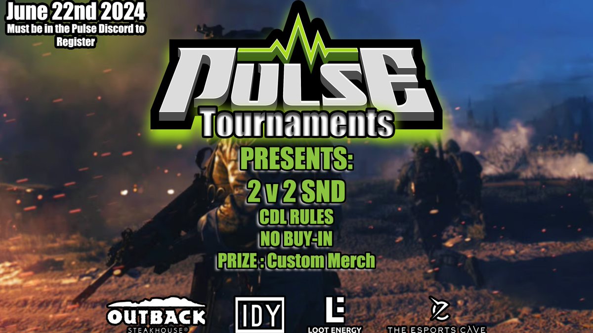 Pulse (@pulse_ww) on Twitter photo ⚔️ 2v2 MWIII CDL SnD⚔️
✅️ 16 teams, CDL rules, GA Enforced
🏆 custom shirts + matcherino donations
🎮 PC + Console
📅 June 22nd
🎲 Bo3 Single Elim
💰 FREE ENTRY!!
🚨 DM to register via Discord.
Powered by:
<a href="/theesportscave/">The Esports Cave</a>
<a href="/LootEnergyLLC/">Loot Energy</a> ⚔️ 2v2 MWIII CDL SnD⚔️
✅️ 16 teams, CDL rules, GA Enforced
🏆 custom shirts + matcherino donations
🎮 PC + Console
📅 June 22nd
🎲 Bo3 Single Elim
💰 FREE ENTRY!!
🚨 DM to register via Discord.
Powered by:
<a href="/theesportscave/">The Esports Cave</a>
<a href="/LootEnergyLLC/">Loot Energy</a>