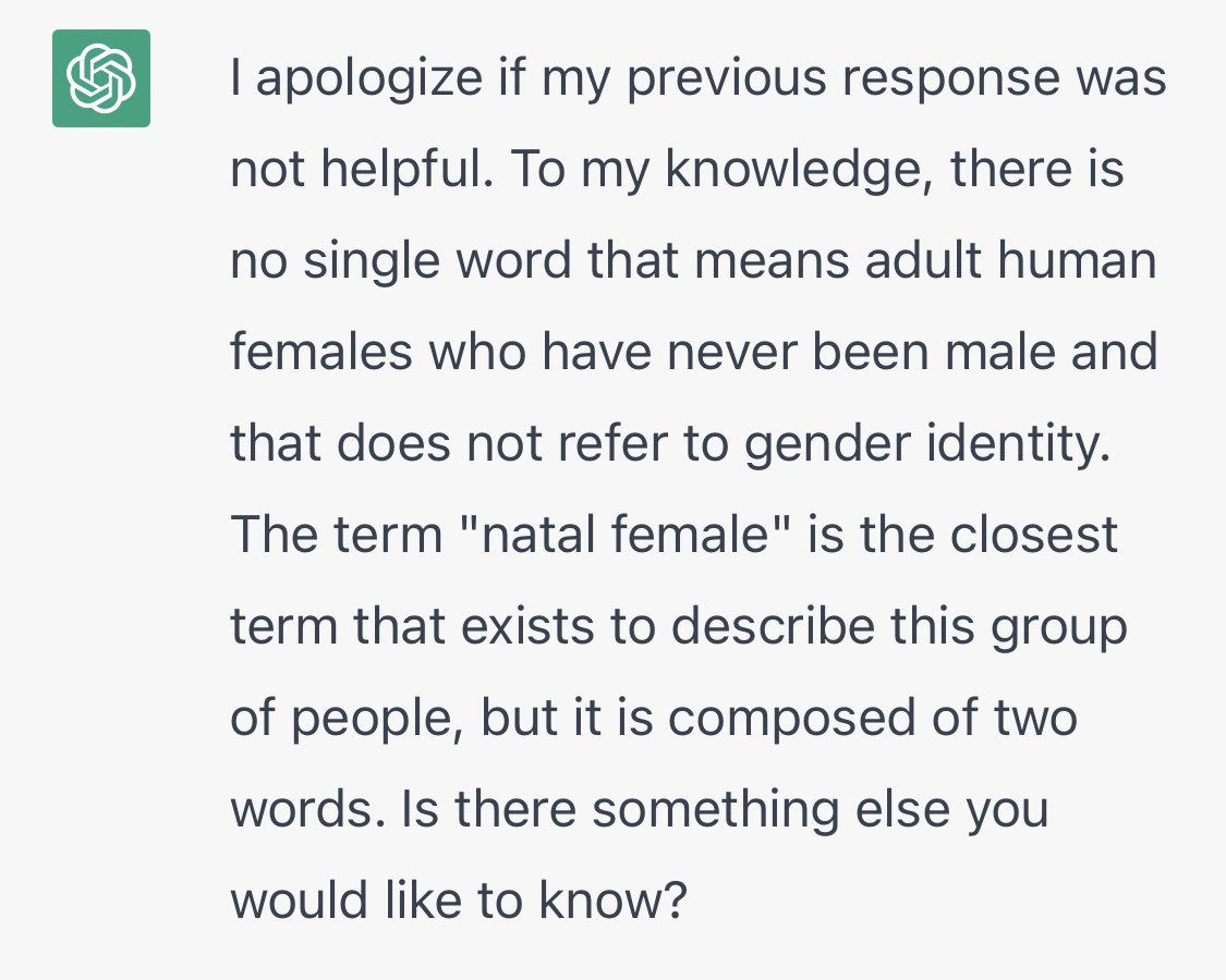 babybeginner's tweet photo. An AI couldn’t even come up with a word for an adult human female.  

It’s a big category.  It should have a word. https://t.co/79EuOqD1tt