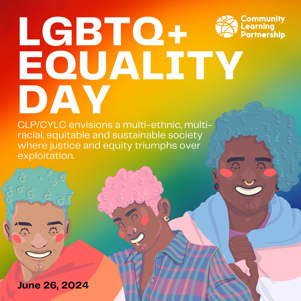 CLPchangeagents's tweet photo. Happy LGBTQ+ Equality Day! Today, we reaffirm our commitment to creating a safe, inclusive, and welcoming environment for all students, faculty, and staff in higher education. https://t.co/5NuFmGWr5J