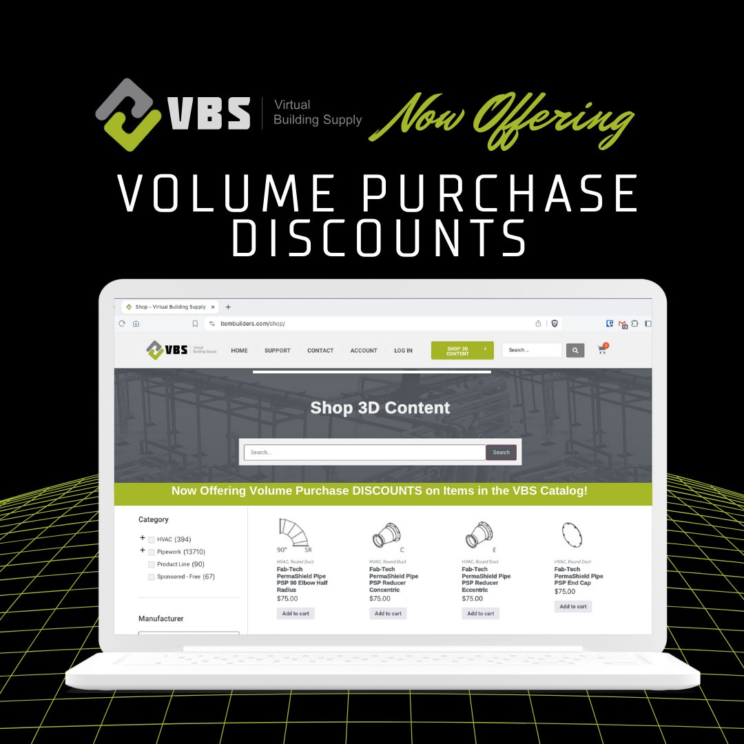 itembuilders's tweet photo. We have a new discount called the VOLUME PURCHASE DISCOUNT:

   ⚙ 10 - 19 Items = 10% Discount

   ⚙ 20-29 Items = 20% Discount

   ⚙ 30-50 Items = 30% Discount #autodeskfabrication #revit #buildinginformationmodeling #mechanicalcontractors #3dmodeling #virtualbuildingsupply https://t.co/TFTKNsMujZ