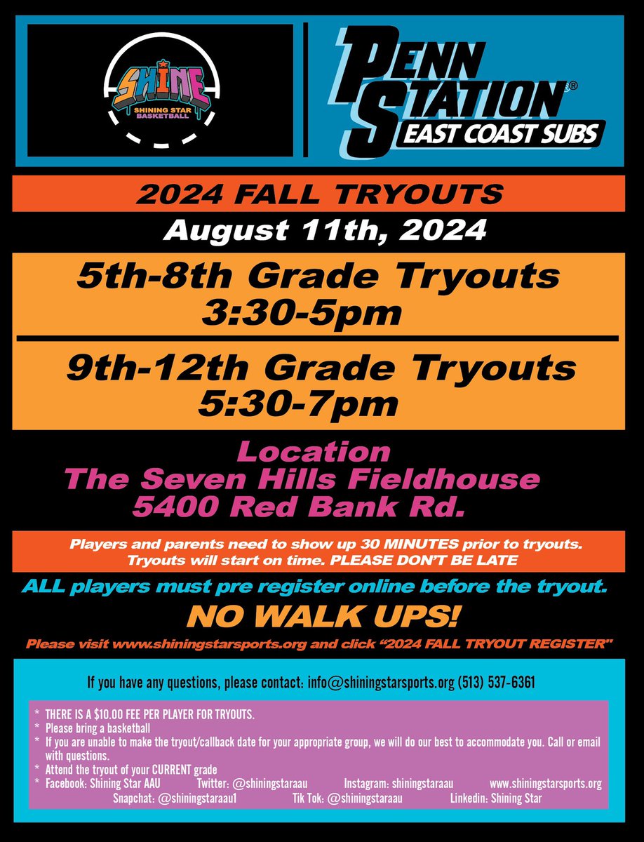 2024 Fall Tryouts announced!
<a href="/PennStationSubs/">Penn Station East Coast Subs</a> 

Register at shiningstarports.org

#SHINE 🎸 
<a href="/ShineKD_/">Shine KD</a>
