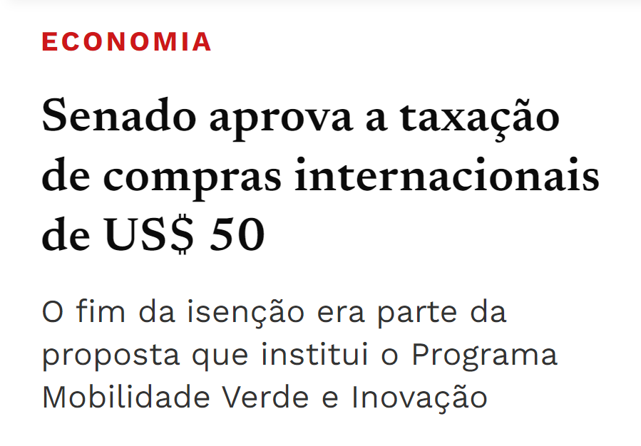 🚨SENADO APROVOU TAXAÇÃO DE 20% EM COMPRAS INTERNACIONAIS DE ATÉ US$ 50!

Apesar dos esforços do relator em retirar do texto a taxação das blusinhas, um destaque apresentado pelo PT no Senado foi aprovado reinserindo a taxação no texto do Programa Mover. Derrota para o Brasil e