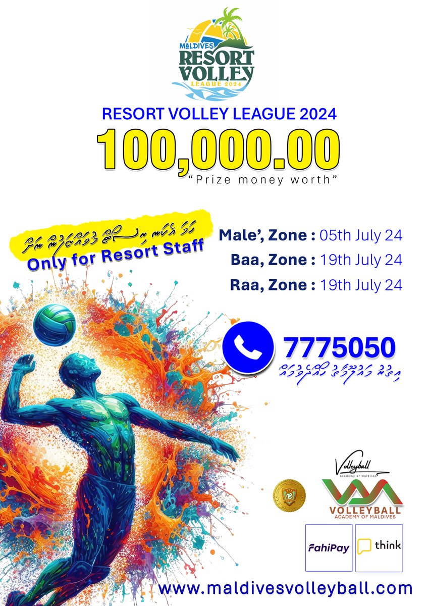 "Maldives Resort Volley League 2024" 
 The first-ever "Only Resort Staff Volleyball Tournament" will be held annually in July for Zones, 
maldivesvolleyball.com