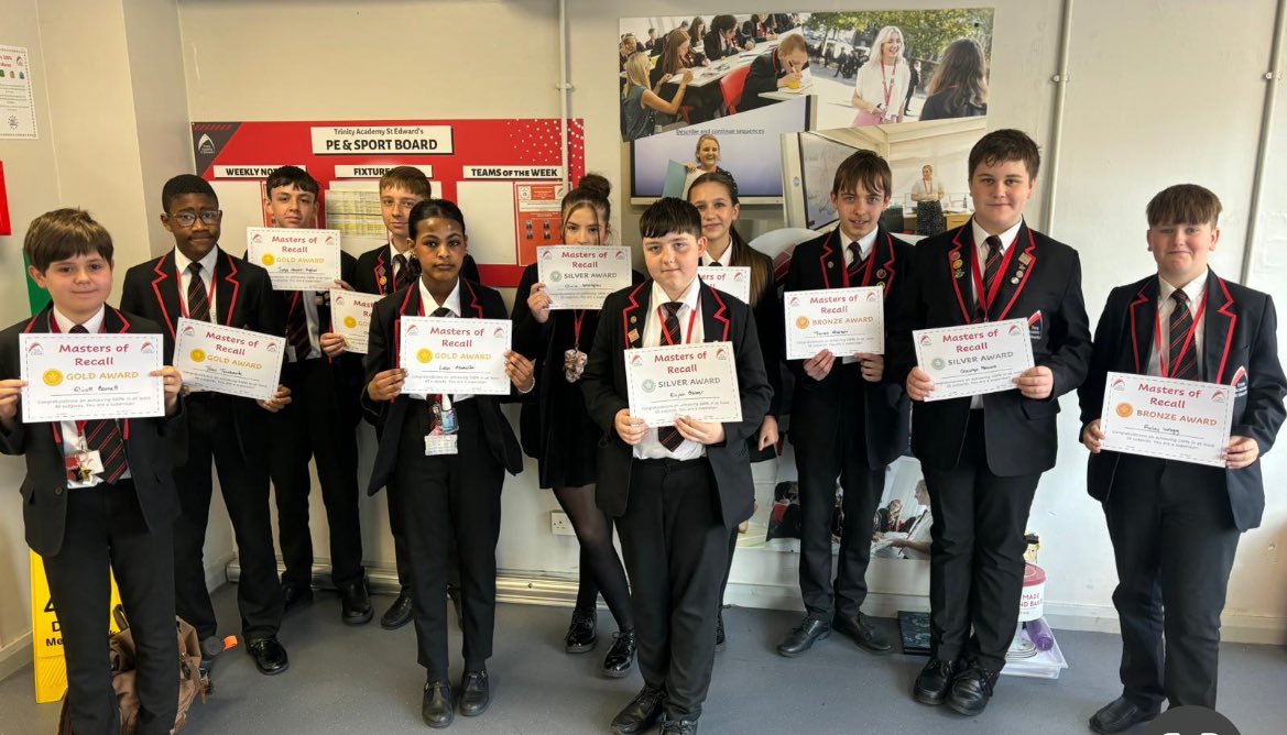 TrinityAcadStE's tweet photo. This morning we celebrated the Masters of Recall brilliance of Year 8. Well done on the year group average of 83%. Huge well done to our Top 20, gold badge winners and to Will and Joseph for 160/160 #academicexcellence https://t.co/7wAUmMslmr