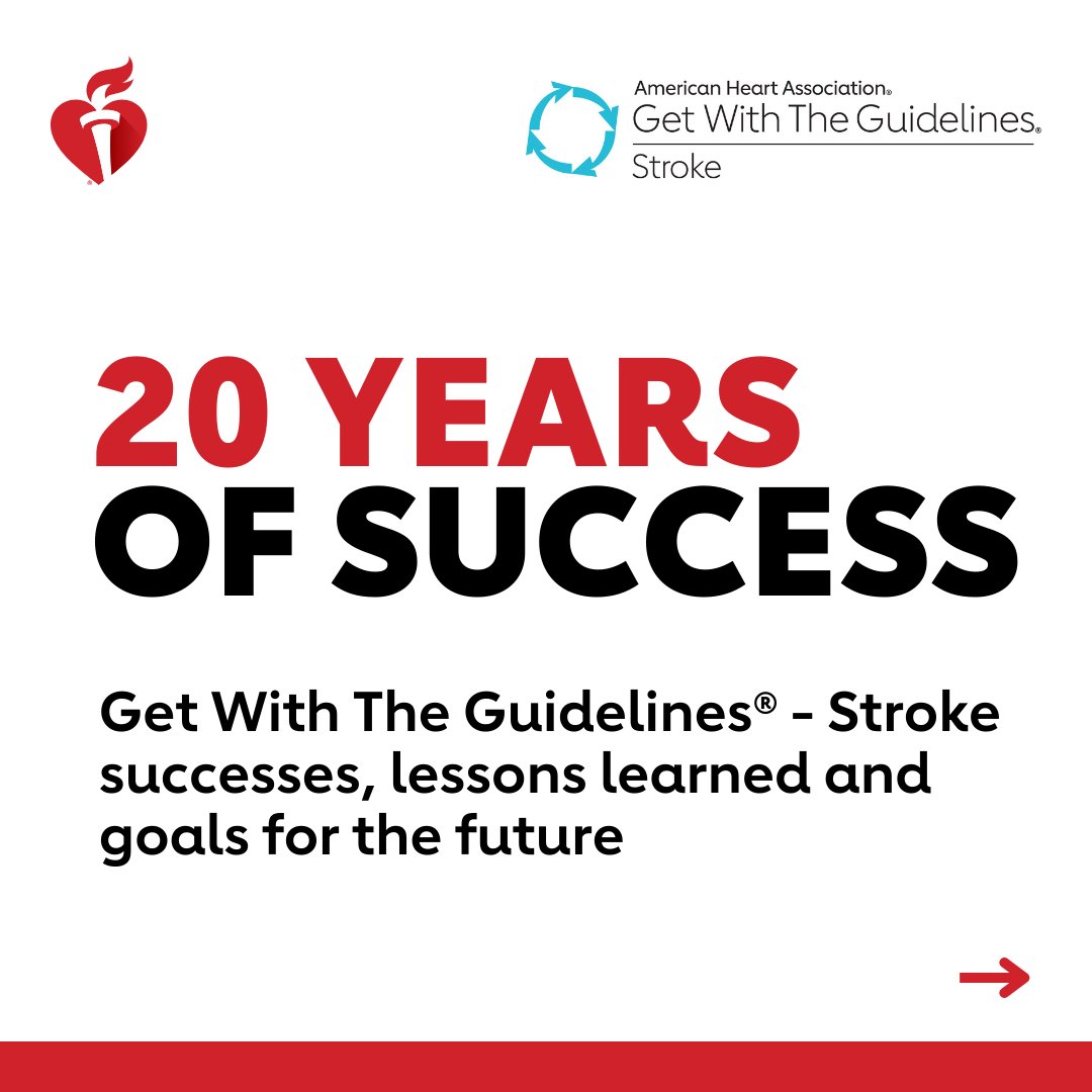 AHAScience's tweet photo. For 20 years, the @American_Heart #GetWithTheGuidelines โ Stroke program has played a central role in the redesign of stroke systems of care. New research examines program successes, lessons learned and the future of stroke care https://t.co/P6GbHSnV2i https://t.co/56t75m0hOW