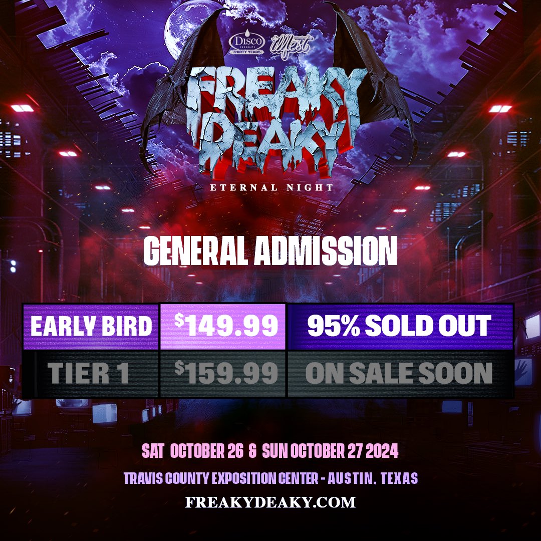 FreakyDeakyTX's tweet photo. Beware⚠️ Early Bird tickets are vanishing into thin air! Get yours at the lowest possible price 👻 Secure 2-DAY GA for $28 down: https://t.co/60NQKCMWyC https://t.co/CorFbB7ESb