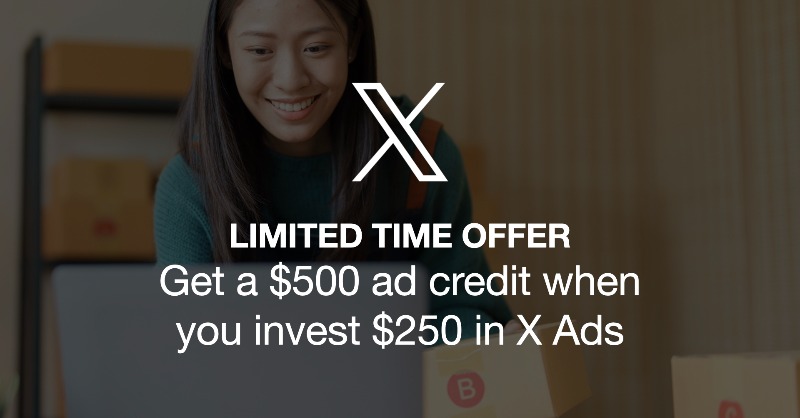 XBusiness's tweet photo. Drive the results that matter to your business on any budget. 

Right now, get a $500 ad credit on us when you invest your first $250 on X Ads in 2024 (T&amp;Cs apply).