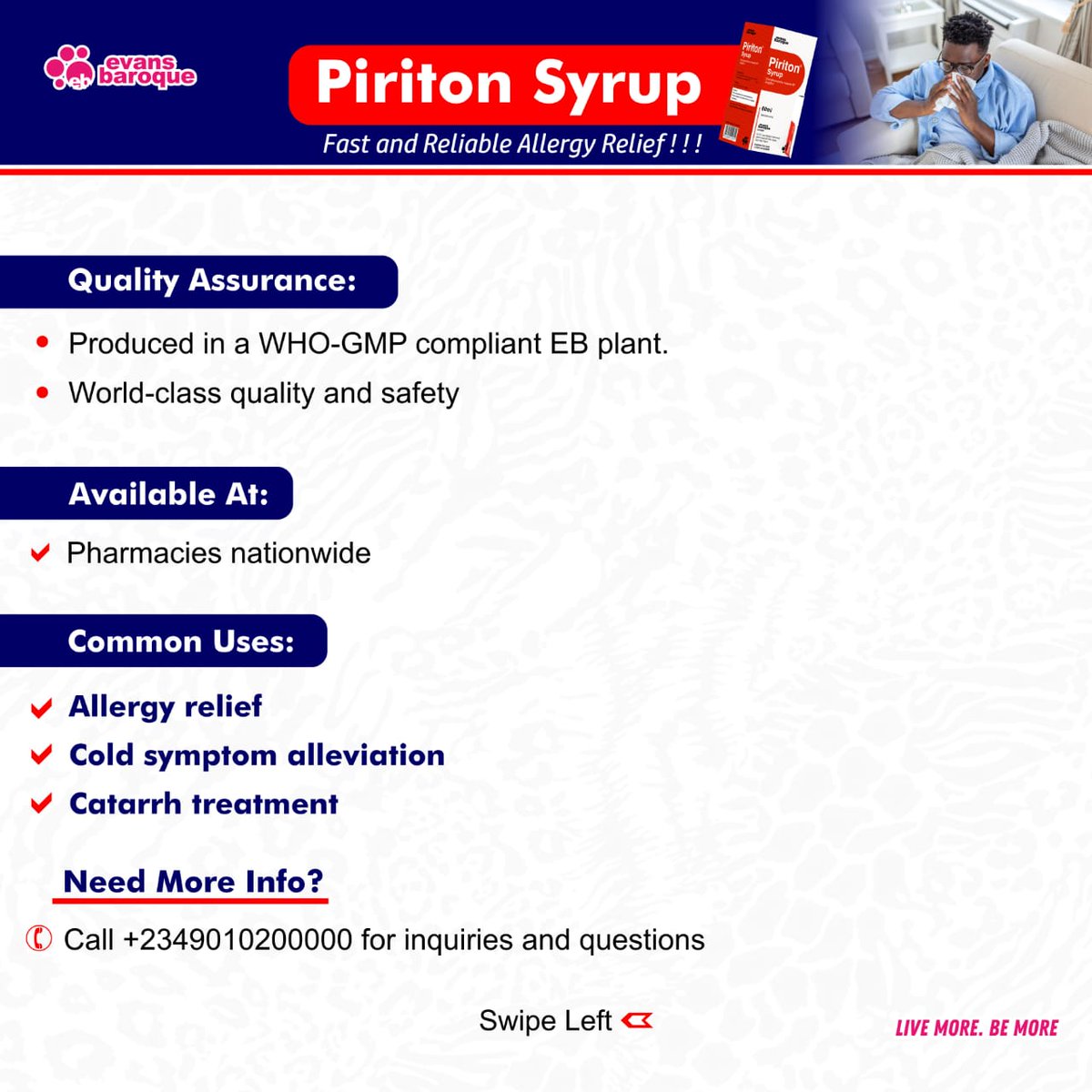 evans_baroque's tweet photo. Unlock fast relief with Piriton Syrup! π Trusted for generations, our family-friendly formula tackles allergies, colds, and catarrh with ease. Get yours today and breathe easy!
Live More. Be More.
#LiveMore #BeMore #EvansBaroque #AllergyRelief #PiritonSyrup #TrustedBrand https://t.co/MfH72TmE43