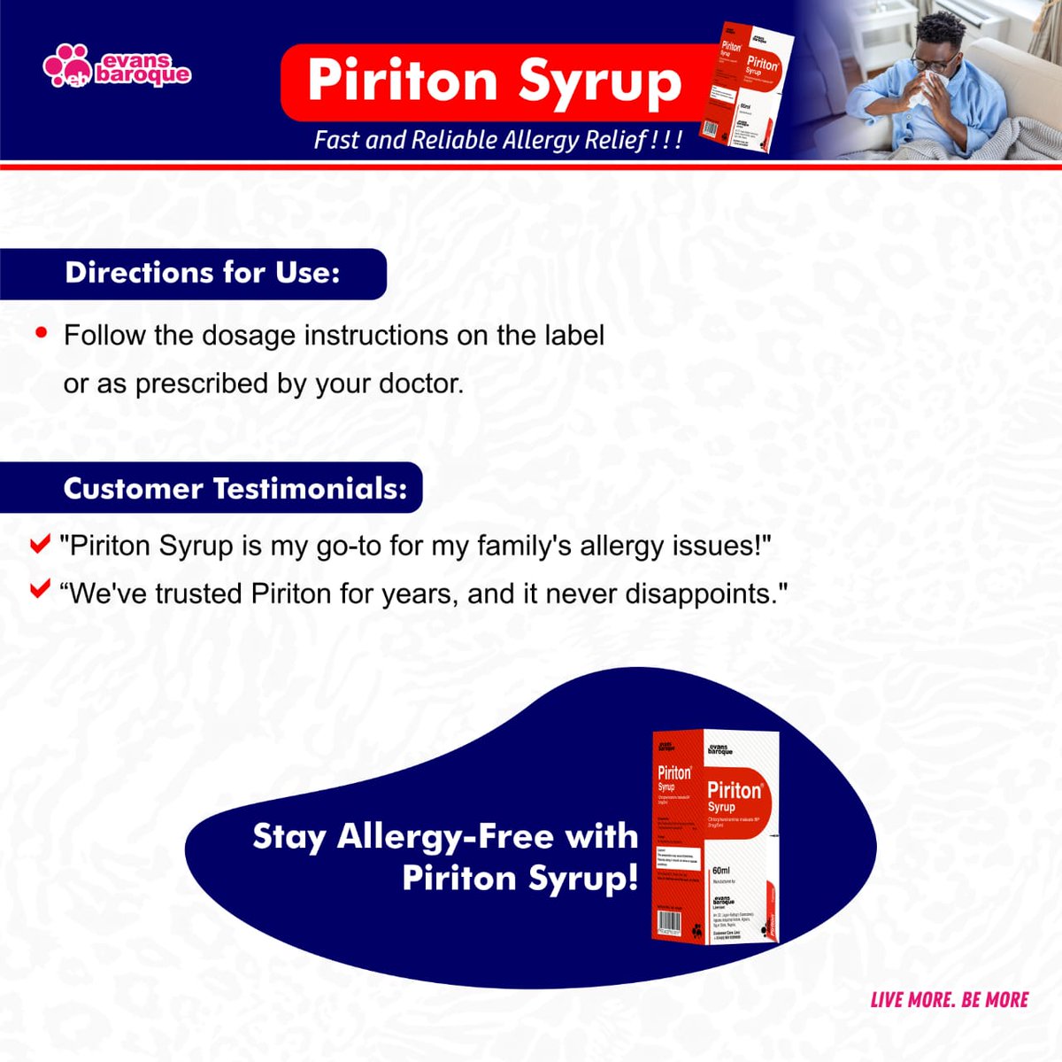 evans_baroque's tweet photo. Unlock fast relief with Piriton Syrup! π Trusted for generations, our family-friendly formula tackles allergies, colds, and catarrh with ease. Get yours today and breathe easy!
Live More. Be More.
#LiveMore #BeMore #EvansBaroque #AllergyRelief #PiritonSyrup #TrustedBrand https://t.co/MfH72TmE43