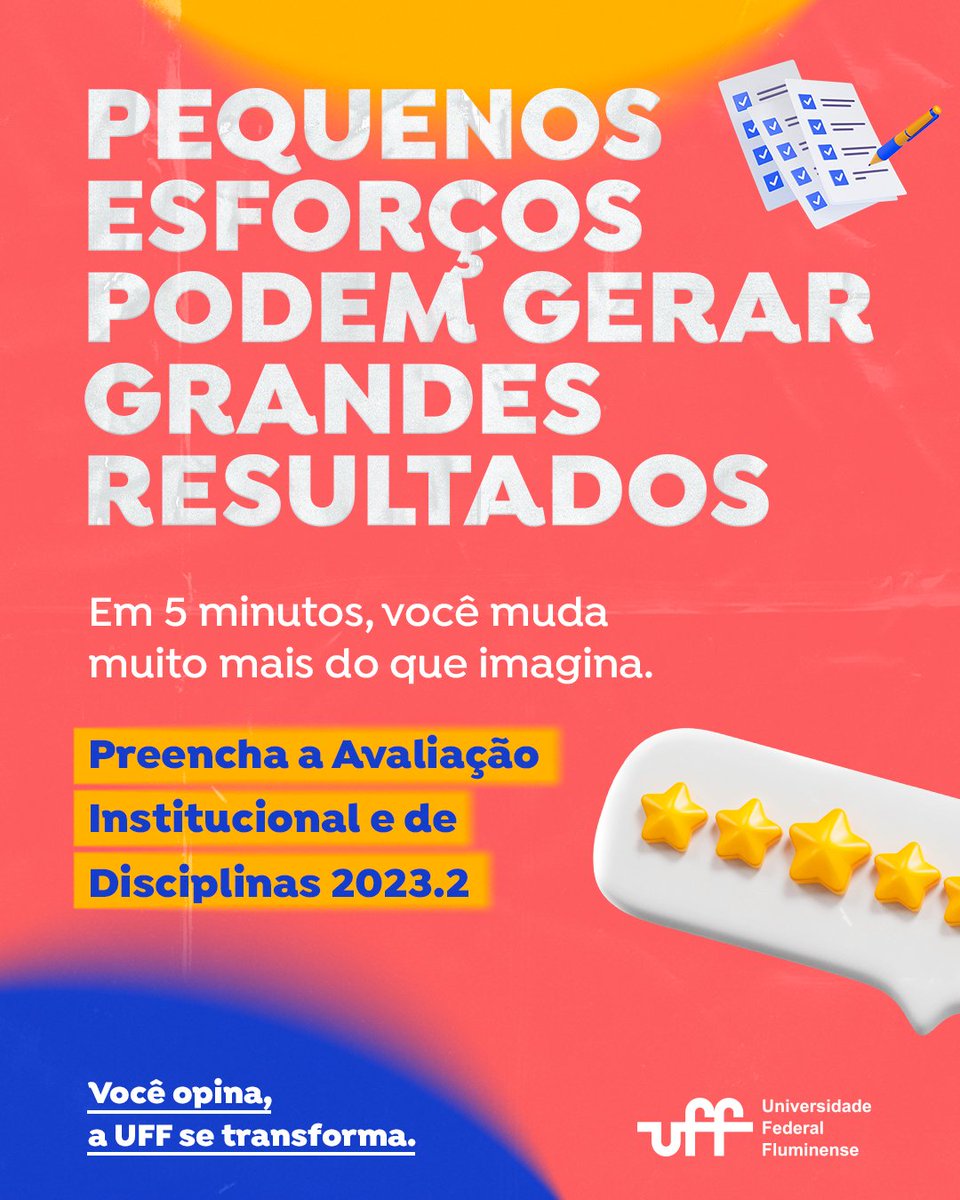 Avaliação Institucional | Queremos te ouvir 👂

O período da Avaliação Institucional e de Disciplinas de 2023.2 está quase acabando. Leva só 5 minutos e contribui para entendermos as demandas reais da nossa comunidade.

Acesse o <a href="/iduff/">idUFF</a> e faça sua avaliação ✅
