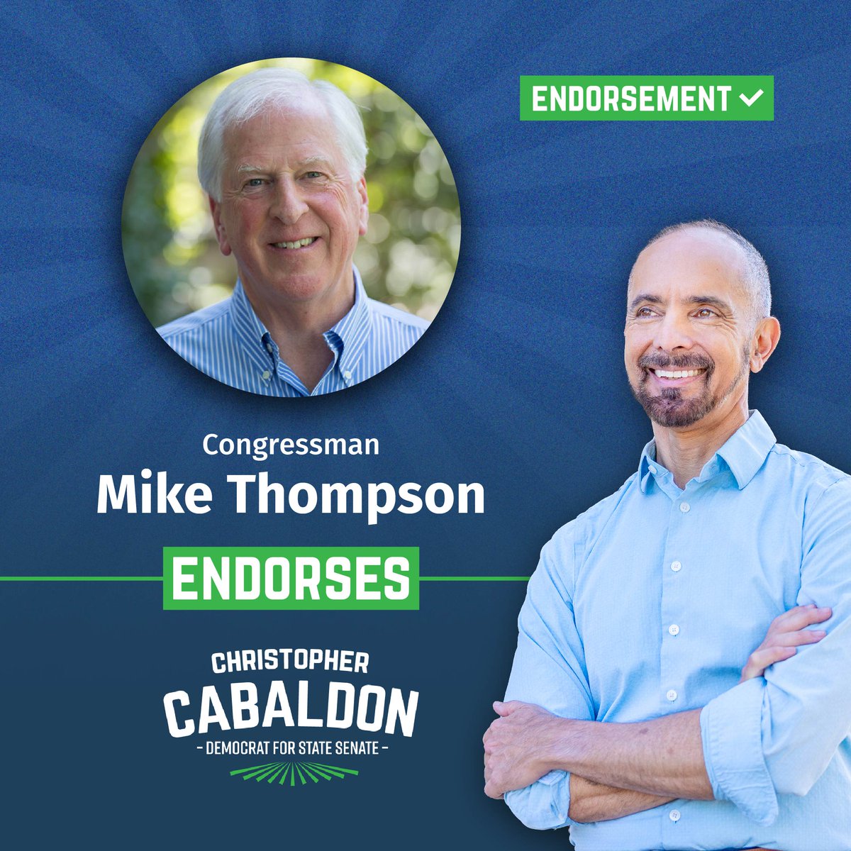 Cabaldon4CA's tweet photo. “Christopher Cabaldon is one of the longest serving mayors in Northern California history. I have known him since he was a legislative aide in the state legislature and have always been impressed by his commitment to serving others.  We worked closely together when he was Mayor of West Sacramento where I saw first-hand his work to strengthen the city’s economic position and deliver much needed flood protection for its citizens. He will work hard and smart for our district in the State Senate.” - Congressman Mike Thompson

I am ecstatic to have the endorsement of @Mike_CA05  in my campaign for State Senate!