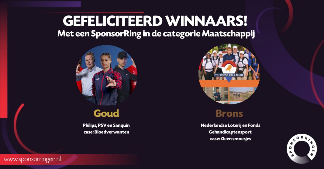 SponsorRingen's tweet photo. De winnaars van een SponsorRing in de categorie Maatschappij:

🥇@Philips, @sanquin, @PSV - Bloedverwanten
🥉@NLLoterij en @fondsGsport - Geen smoesjes

Gefeliciteerd! 👏

#SponsorRingen https://t.co/r1Xq2QCi8l