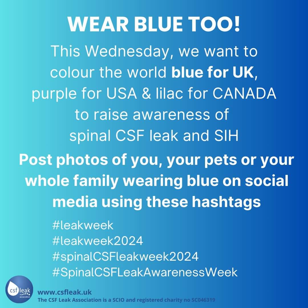 KerenLeah's tweet photo. Wear blue, too! Wearing my blue CSF leak wristband to raise awareness of spinal CSF leak & SIH 💙 With usual view of bedroom ceiling 😅
💧@csfleakuk @rarediseaseuk @brainspine @NeuroAlliance #leakweek #leakweek2024 #SpinalCSFLeakAwarenessWeek #spinalCSFleak #CSFleak #PDPH https://t.co/ExHiz5ZiSM