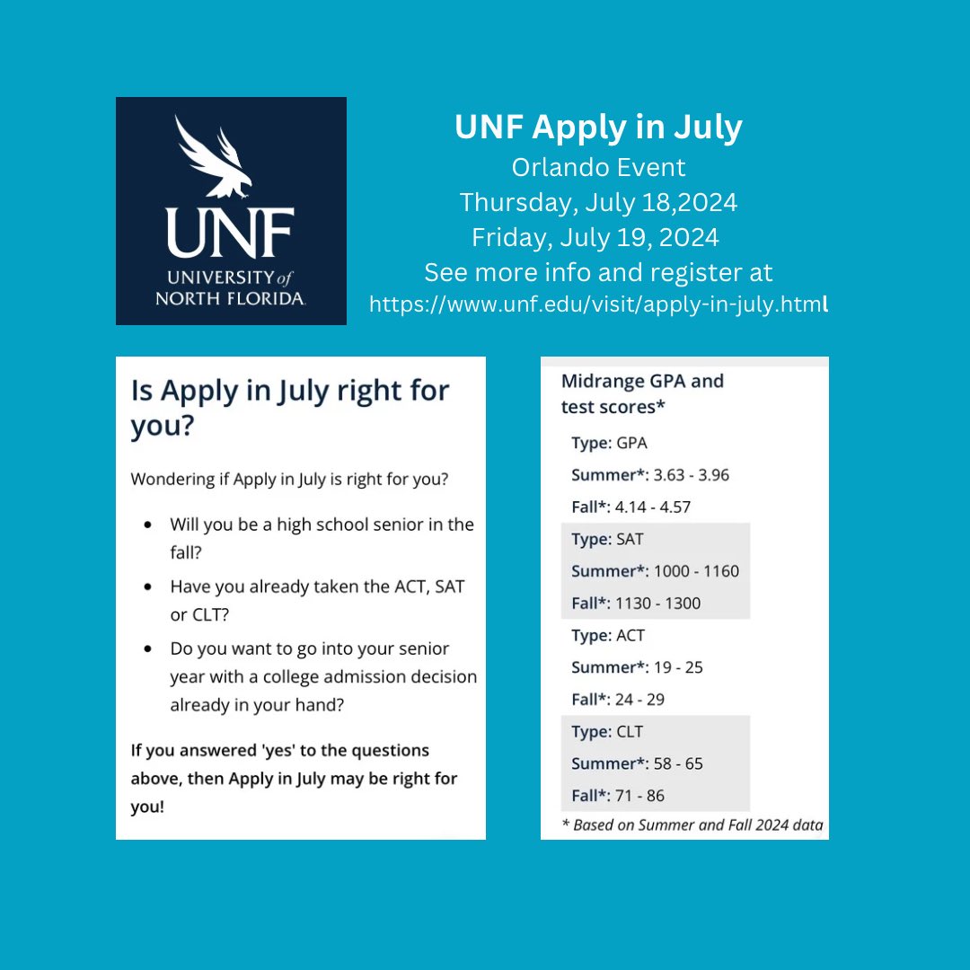 Great opportunity for the class of 2025 to take advantage of.  The University of North Florida will be in town on July 18th and 19th. <a href="/OCPSnews/">ocpsnews</a>