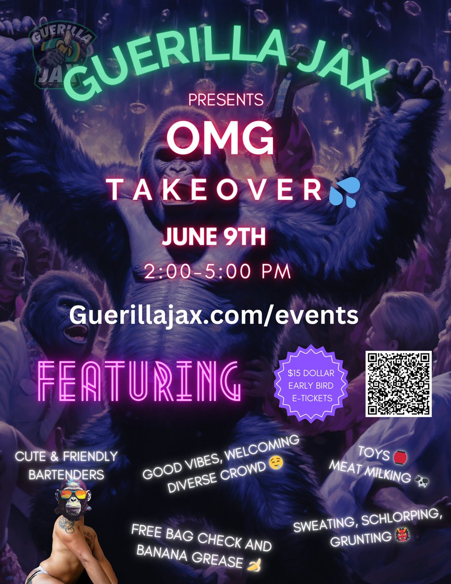 This Sunday!  Goon out and bond with over 60 musky horned up men for 3 hours of greasy fun.  

Free clothing check and Walking distance from Civic center BART.  

$15 Pre sale tickets
$20 At the door

Register for discounted pre sale ticket now:

ticketscandy.com/e/guerilla-jax…