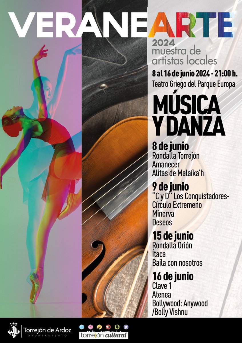 torrejoncultura's tweet photo. 8, 9, 15 y 16 de junio a las 21h.
VERANEARTE 2024 - MUESTRA DE ARTISTAS LOCALES en el Teatro Griego de Parque Europa .
Consulta la programación en nuestra web https://t.co/vDE3l0dzmV
#TorrejónCultural
#Veranearte https://t.co/QZXzlX3xVE