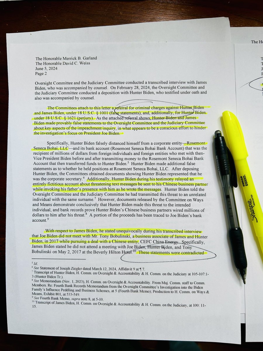 C__Herridge's tweet image. NEW Criminal Referrals from leadership @JudiciaryGOP @GOPoversight @WaysandMeansGOP 
"The Committee attach to this letter a referral for criminal charges against Hunter Biden and James Biden, under 18 U.S.C. § 1001 (false statements), and, additionally, for Hunter Biden under 18…