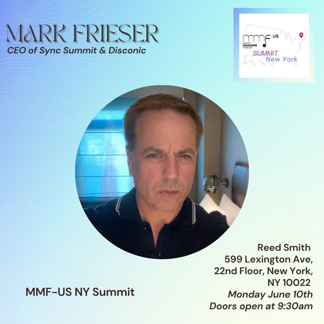 Music Managers Forum (@mmfus) on Twitter photo Join us at our MMF-US NY Summit on Monday, June 10th: <a href="/reedsmithllp/">Reed Smith LLP</a> at 599 Lexington Avenue, 22nd Floor, New York, NY 10022 (between 52nd & 53rd). We're pleased to announce that Mark Frieser (CEO of <a href="/SyncSummit/">SyncSummit</a> & Disconic) will be joining us as a guest speaker. Join us at our MMF-US NY Summit on Monday, June 10th: <a href="/reedsmithllp/">Reed Smith LLP</a> at 599 Lexington Avenue, 22nd Floor, New York, NY 10022 (between 52nd & 53rd). We're pleased to announce that Mark Frieser (CEO of <a href="/SyncSummit/">SyncSummit</a> & Disconic) will be joining us as a guest speaker.