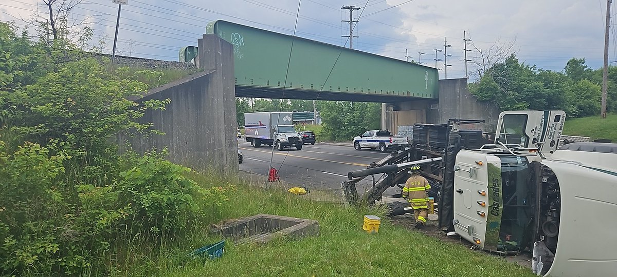 West Henrietta Rd currently closed northbound at Jefferson Rd due to truck hitting the bridge and flipping.  Minor injuries