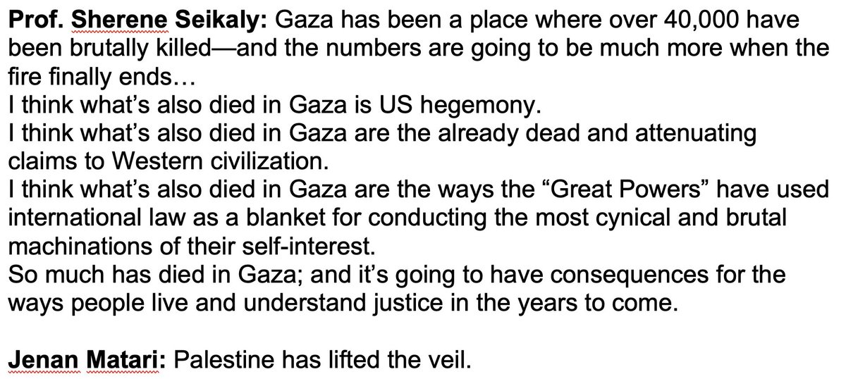 A moving and brilliant conversation today between <a href="/shereneseikaly/">Sherene Seikaly</a> <a href="/JenanMatari/">Jenan Matari</a> <a href="/4Bassam/">Bassam Haddad</a> and <a href="/4noura/">Noura Erakat</a> 
summed up with these somber &amp; prophetic words: