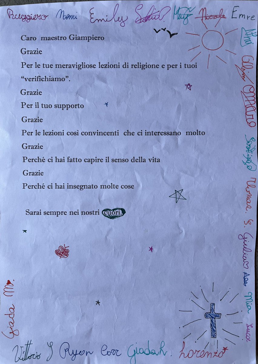 GiampiCicchelli's tweet photo. Quando i bambini/e della quinta primaria ti consegnano un tale scritto, ogni sacrificio viene illuminato da una luce nuova e la prospettiva futura cambia. Grazie di cuore! https://t.co/vF3bHbe9nw