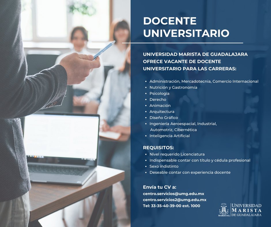 Te invitamos a formar parte de la plantilla docente de la Universidad Marista de Guadalajara. Conoce las vacantes que tenemos disponibles en nuestras diferentes carreras y envíanos tu CV.