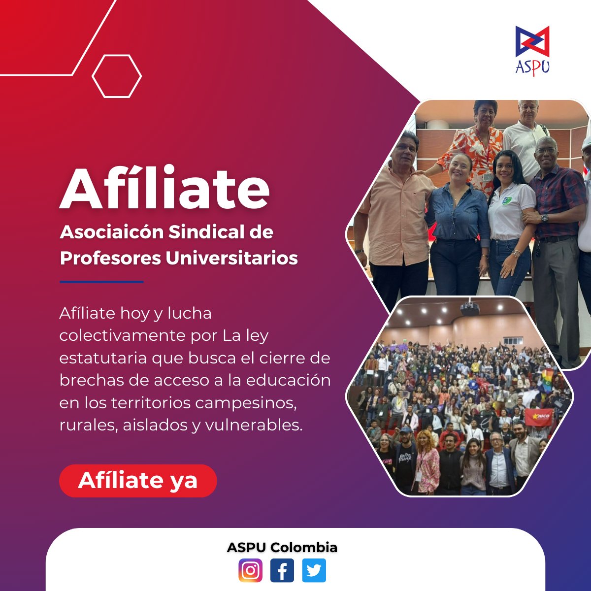 ASPU_Colombia's tweet photo. #ASPU || ¿Eres profesor/a universitario? Afíliate hoy a la Asociación Sindical de Profesores Universitarios y lucha colectivamente por la Ley Estatutaria 🔴🔵

Más información aquí: https://t.co/HdCnRVp5A2 https://t.co/qKnqipsItN