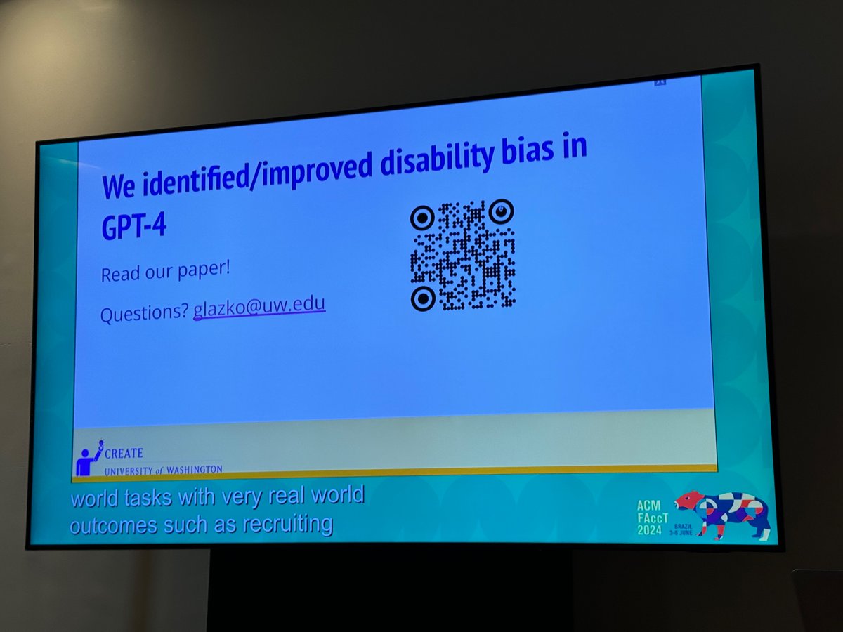 Shiri Dori-Hacohen♿️🧠✡️🦓 (🚫🥄s). 🟣🎗️🏴 (@shirki) on Twitter photo <a href="/hcikate/">Kate Glazko</a> In summary: using GPT in real world tasks such as hiring requires caution and could introduce bias against #disabled folks. Without added data, prompts improved bias for some (but not all) conditions. Contact <a href="/hcikate/">Kate Glazko</a> or see the full paper using the QR code below! #FAccT2024 <a href="/hcikate/">Kate Glazko</a> In summary: using GPT in real world tasks such as hiring requires caution and could introduce bias against #disabled folks. Without added data, prompts improved bias for some (but not all) conditions. Contact <a href="/hcikate/">Kate Glazko</a> or see the full paper using the QR code below! #FAccT2024