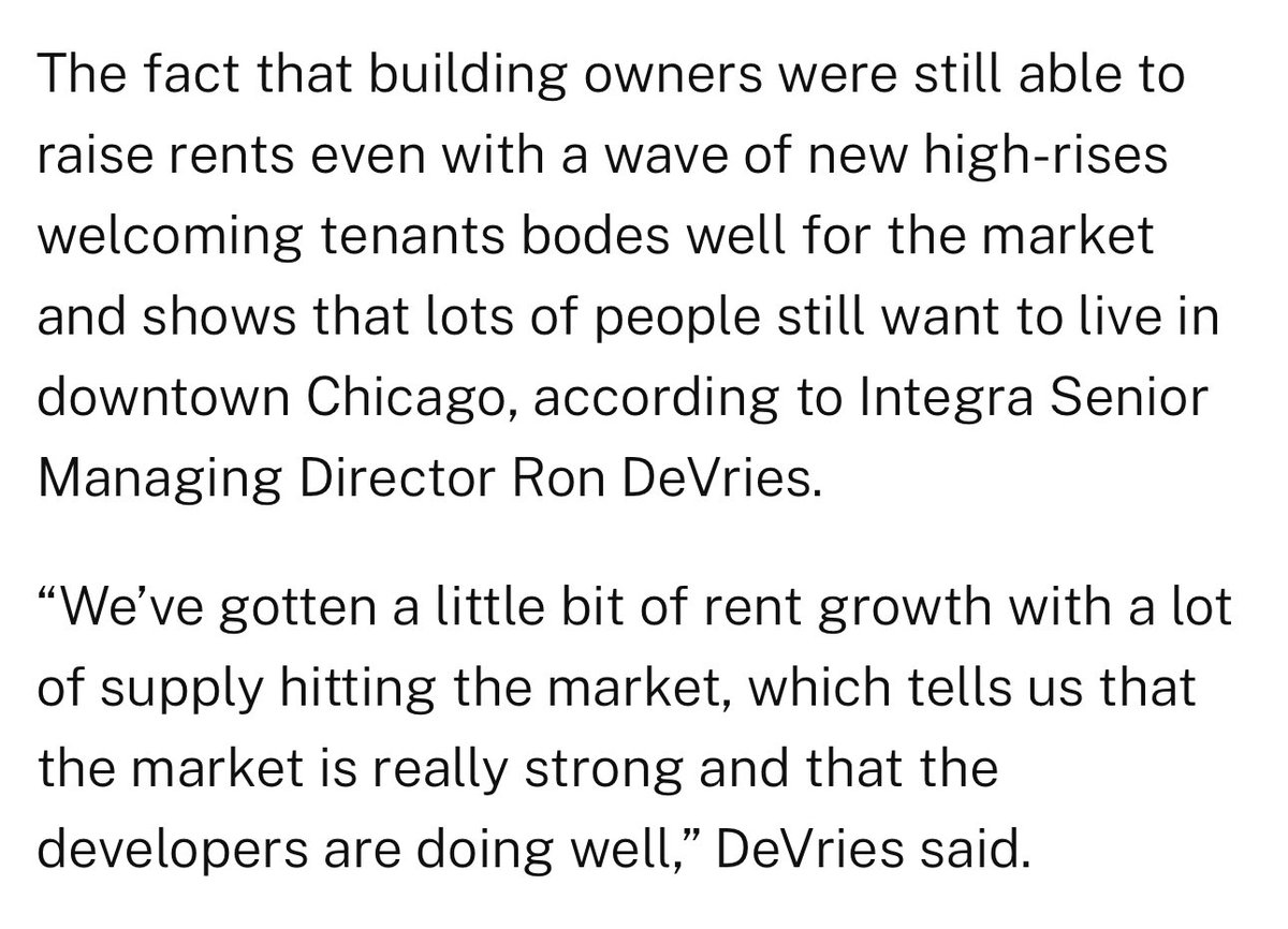 AJManaseer's tweet photo. This is going to make the Chicago haters really lose their marbles. 

Class A Rents in Chicago rose nearly 2% despite a flood of new supply hitting the market. And next year the pipeline is virtually empty, so expect rent growth to remain strong.  

“It just indicates that there’s still really strong demand for rental product downtown”

“The Big Ten kids are coming back to Chicago”