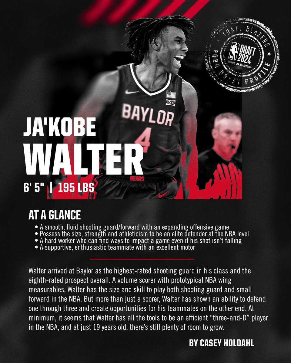 Trail Blazers Insider and Digital Reporter, @CHold presents his 2024 Draft Prospect Profile. 👤 Ja'Kobe Walter